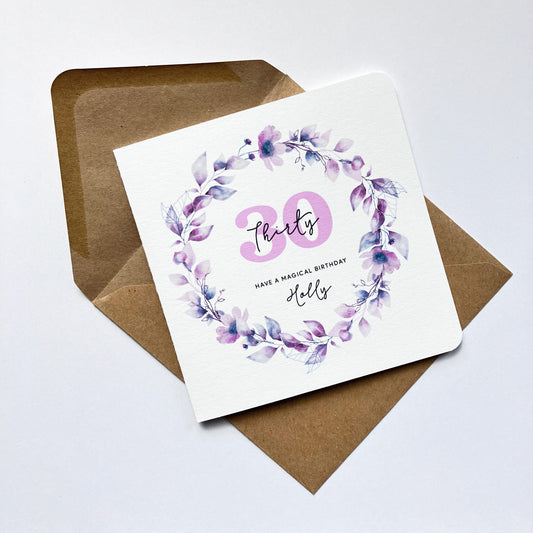 Personalised 30th Birthday Card - Watercolour Floral Wreath