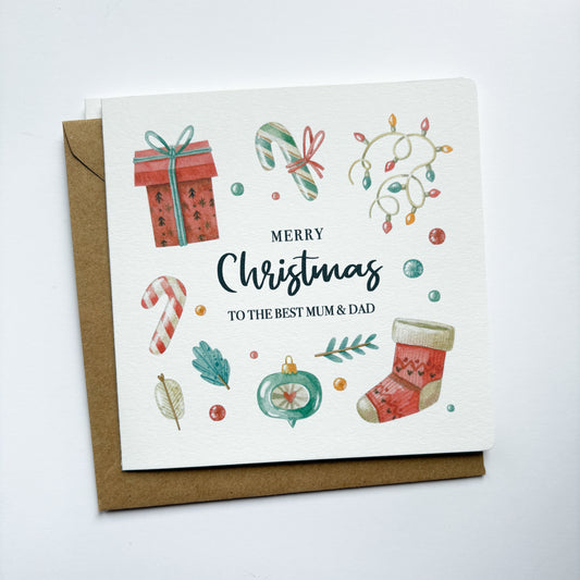 Personalised Luxury Christmas card - Handmade card for mum and dad with whimsical watercolour illustrations