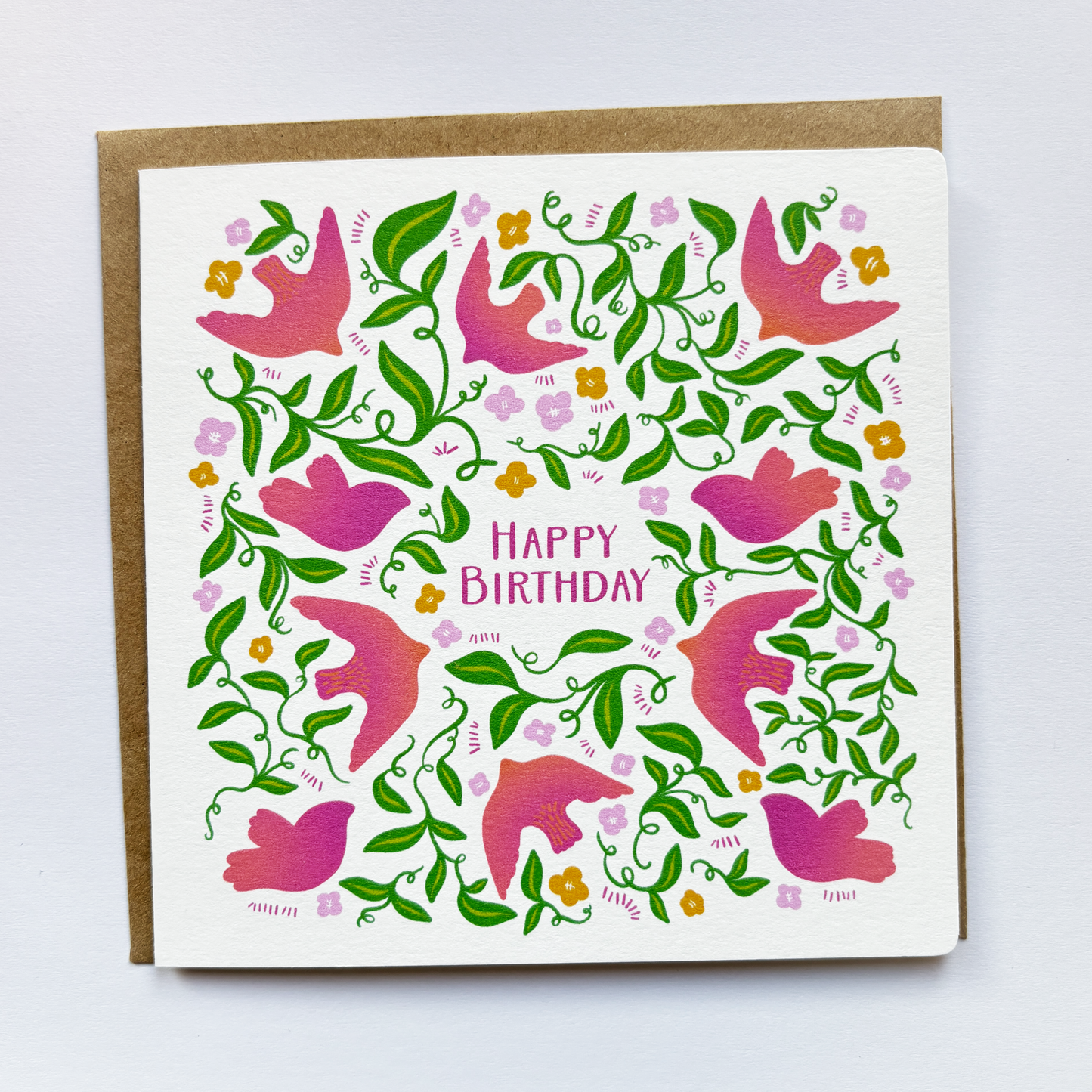 Hand-drawn Birthday Card for Her: Pretty Foliage and Birds