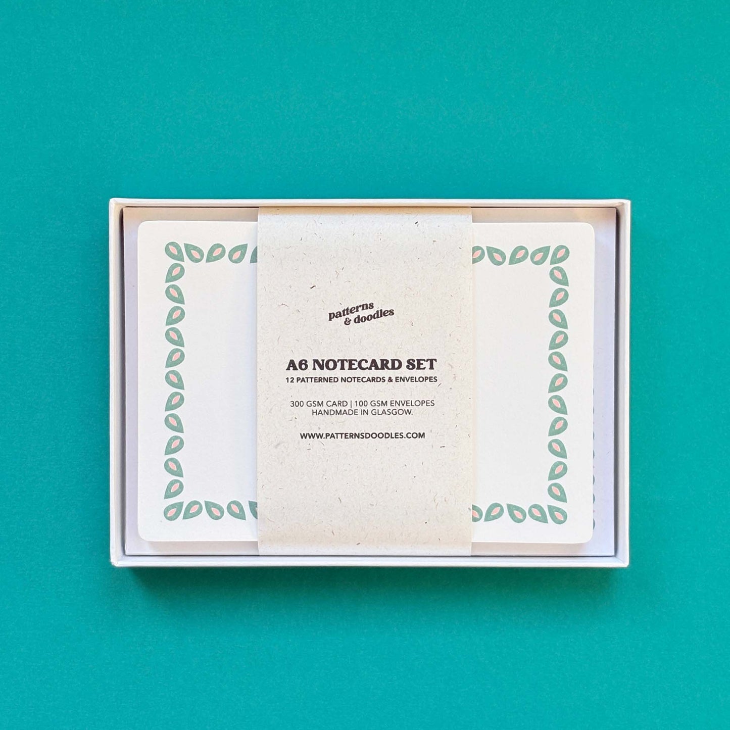 Set of 12 Note Cards with Printed Envelopes - Coco Green & Pink