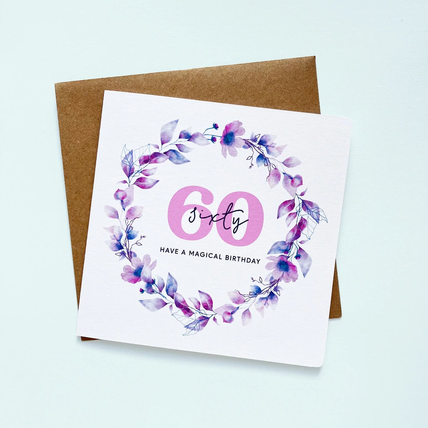 Greeting card with floral wreath design and '60th Birthday' text on a white background.