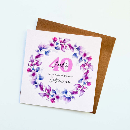Personalised 40th Birthday Card - Watercolour Floral Wreath
