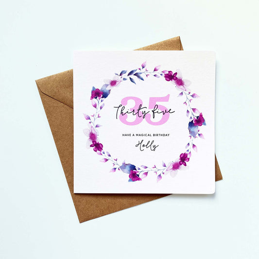 Personalised 35th Birthday Card - Watercolour Floral Wreath