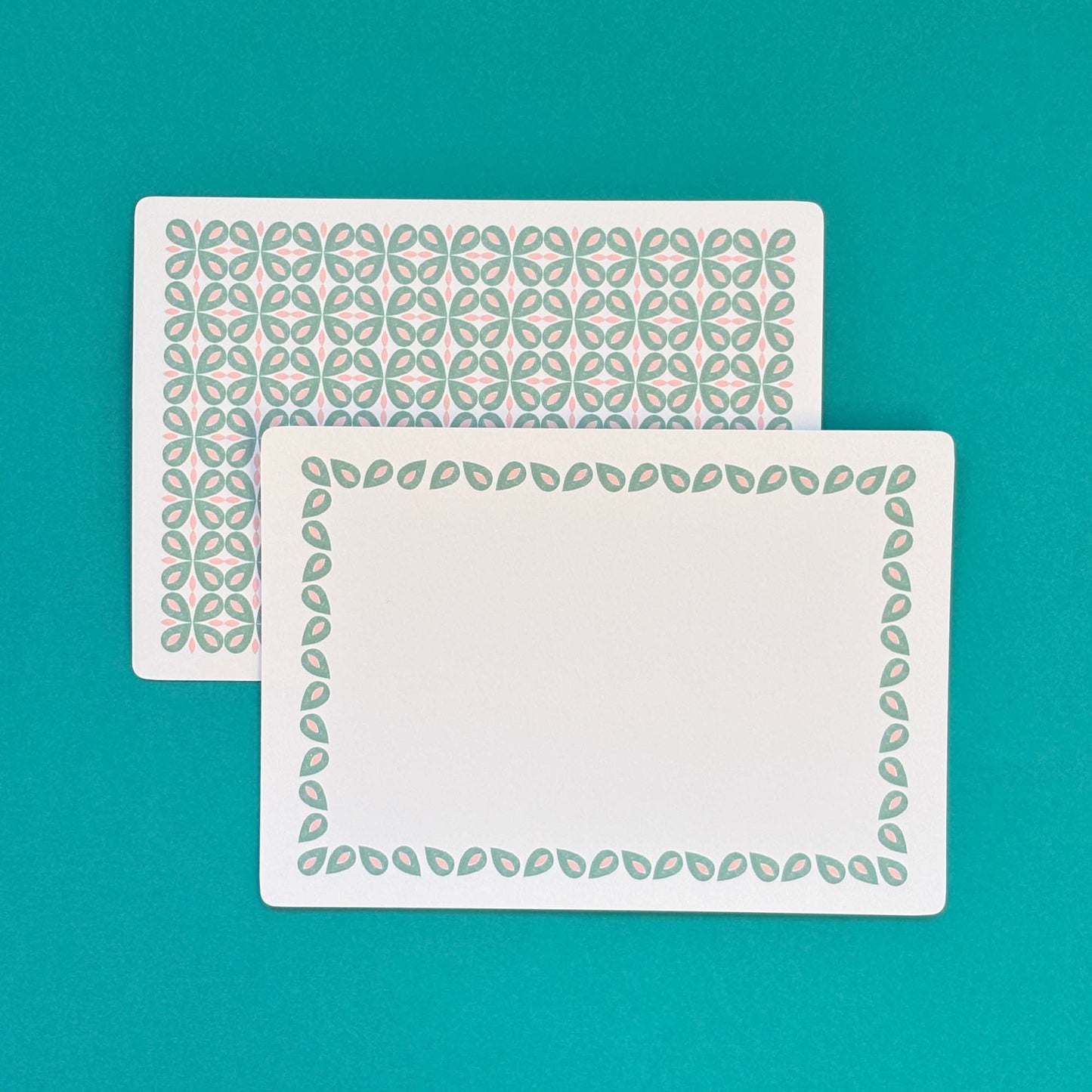 Set of 12 Note Cards with Printed Envelopes - Coco Green & Pink