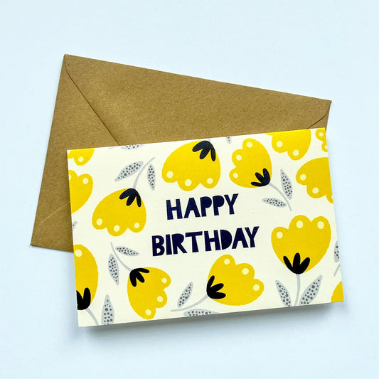 Quirky Yellow Flowers Birthday Card - Patterns&Doodles