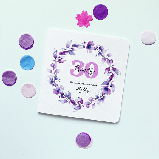 Personalised 30th Birthday Card - Watercolour Floral Wreath