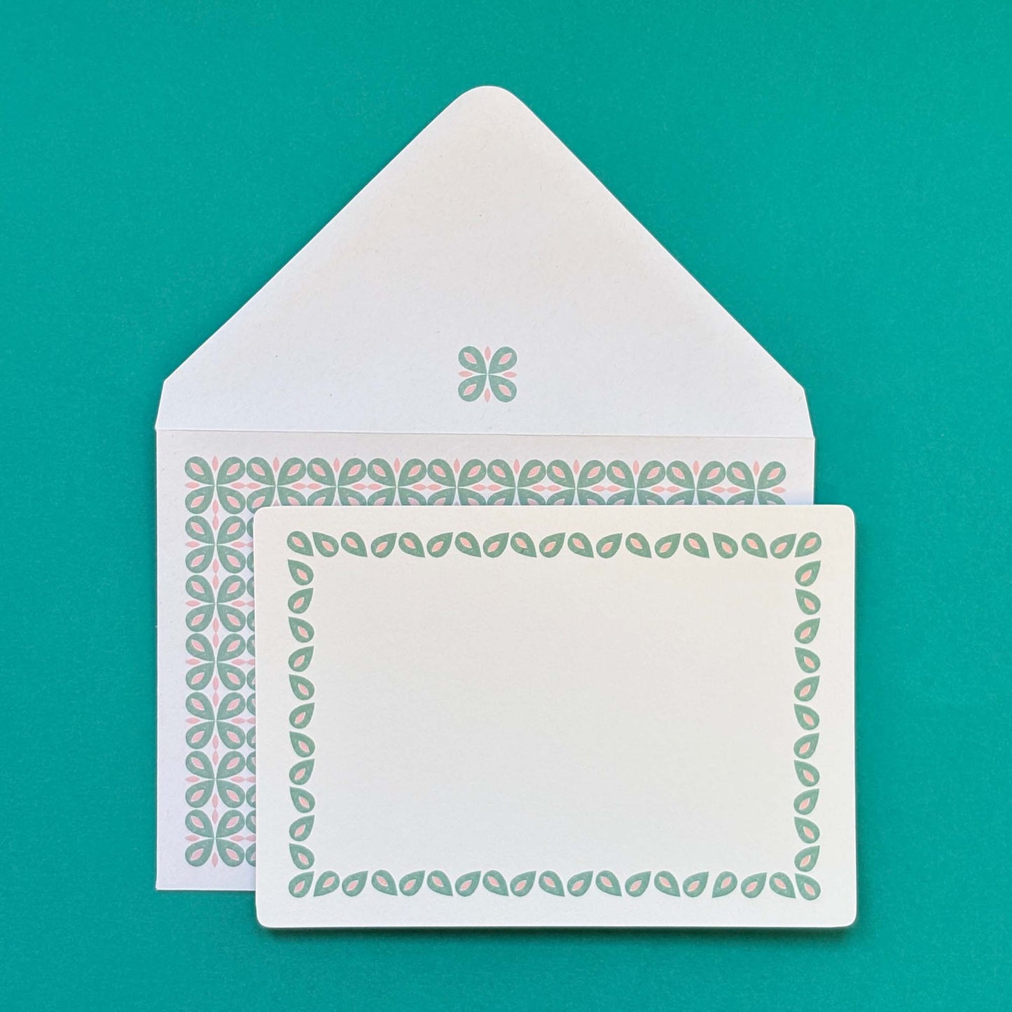 Set of 12 Note Cards with Printed Envelopes - Coco Green & Pink