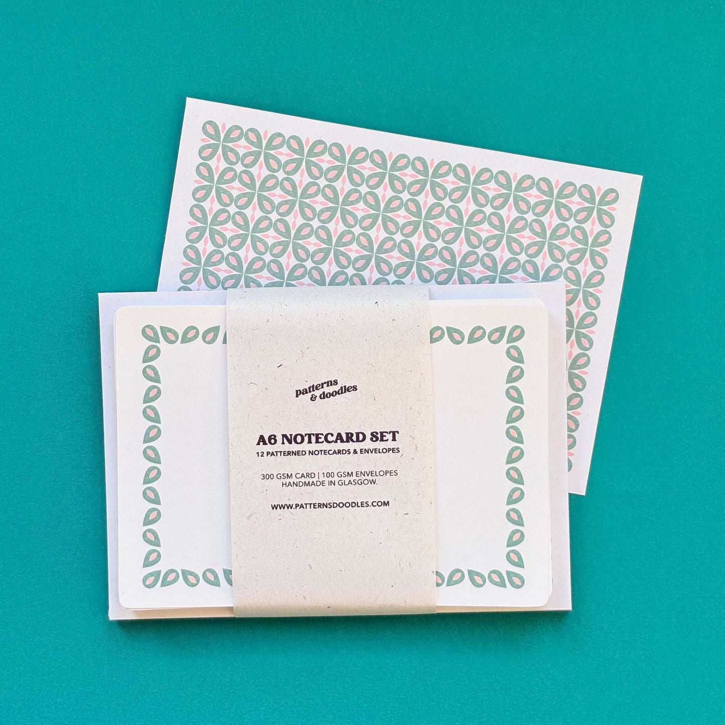 Set of 12 Note Cards with Printed Envelopes - Coco Green & Pink