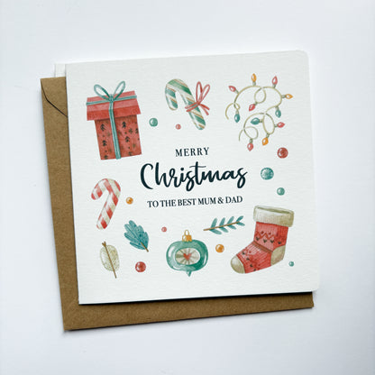 Personalised Luxury Christmas card - Handmade card for mum and dad with whimsical watercolour illustrations