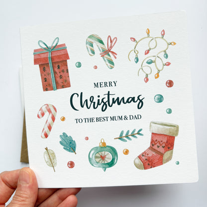 Personalised Luxury Christmas card - Handmade card for mum and dad with whimsical watercolour illustrations