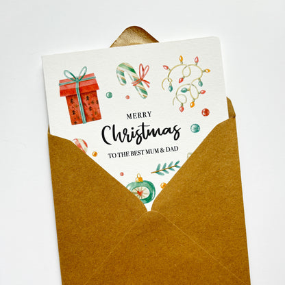 Personalised Luxury Christmas card - Handmade card for mum and dad with whimsical watercolour illustrations