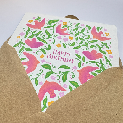 Hand-drawn Birthday Card for Her: Pretty Foliage and Birds
