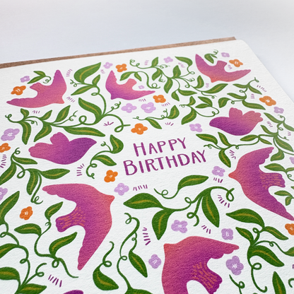 Hand-drawn Birthday Card for Her: Pretty Foliage and Birds