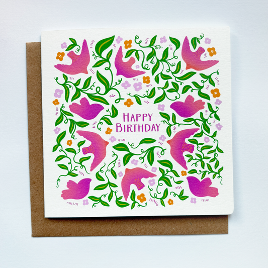 Hand-drawn Birthday Card for Her: Pretty Foliage and Birds